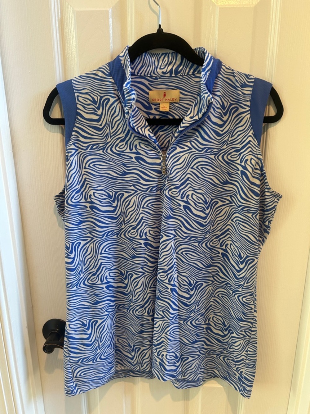 Sport Haley Blue and White Zebra-Print Sleeveless Zip Polo